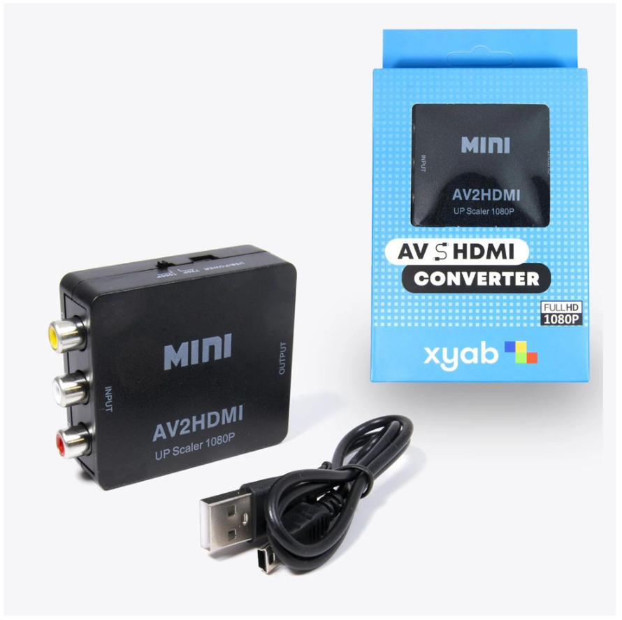 An AV to HDMI adapter, produced by the brand “XYAB”. This adapter is required if your TV does not have AV inputs.